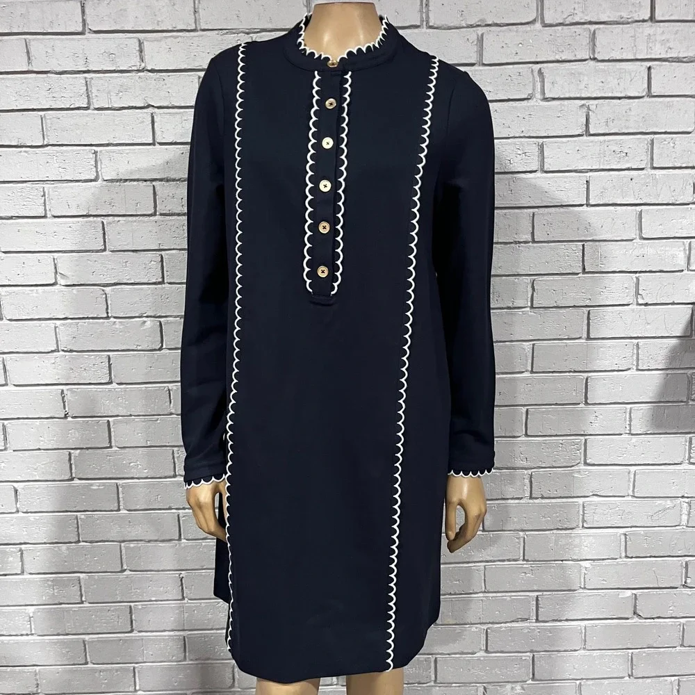 Boden Navy Blue Scalloped Ric Rac Trim Shift Dress Gold Buttons | Size US 10R - Picture 6 of 9